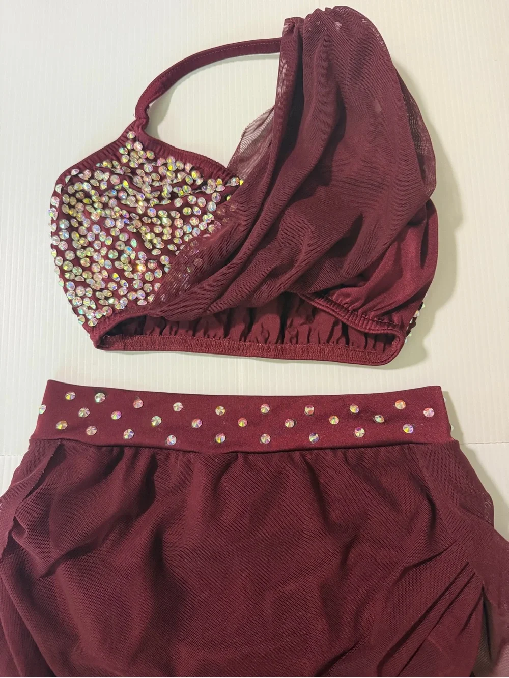 Kelle dance custom rhinestone solo costume burgundy red 2 piece 7114 teen